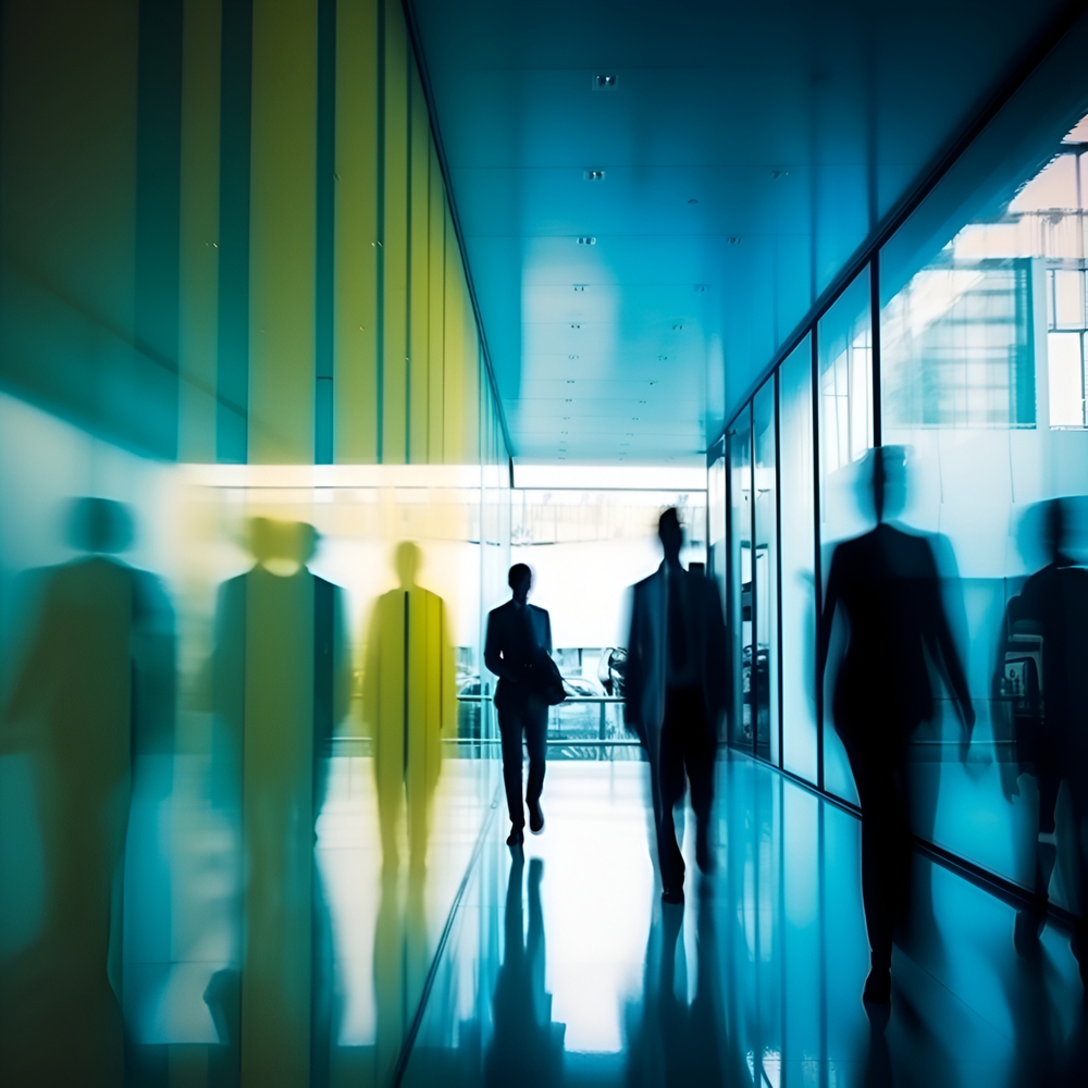 Colourful office with people walking