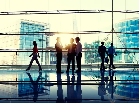 Business office people standing and talking others walking on by