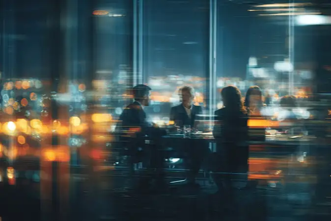 Blurry picture of people sat in an office meeting room