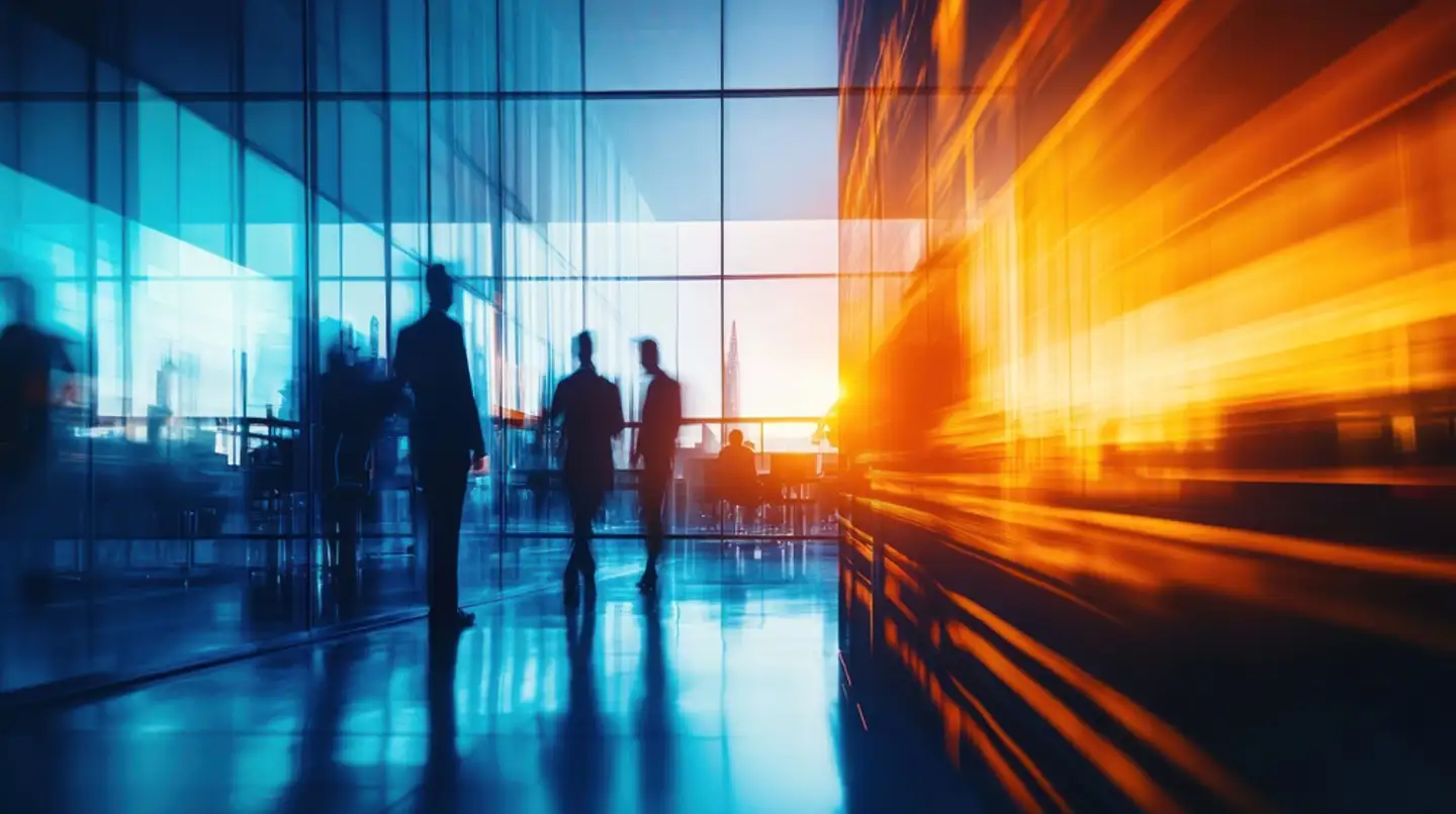 People in a hallway light up by colourful lights on both sides 