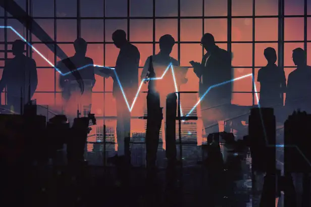 People looking at data and a trend line is on the image in blue 