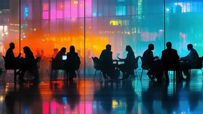 People sat round tables with laptops with glass window showing offices and colourful lights 