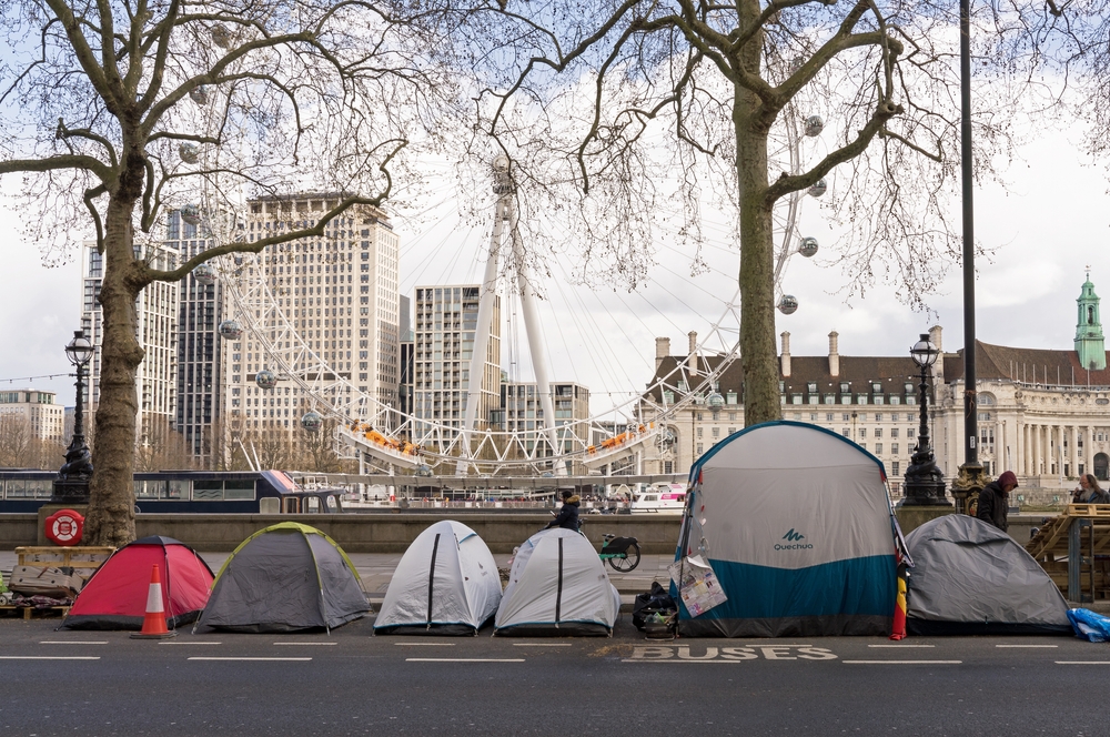 Tents in London showing homelessness 