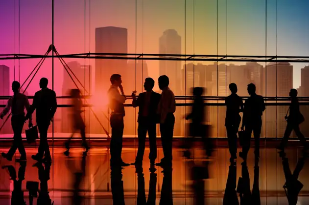 Colourful office with people walking and in groups talking