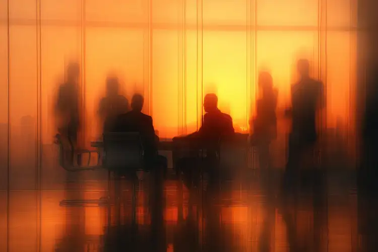 Orange overlay with people having a meeting