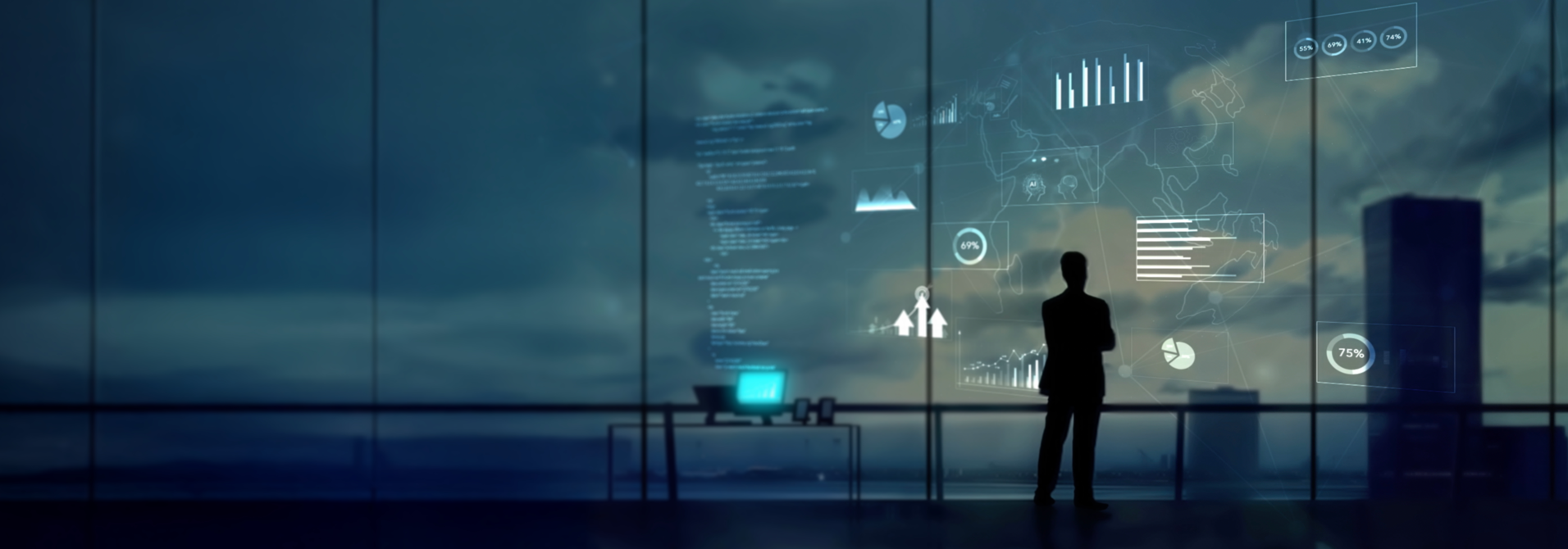 Man staring as a digital screen that is appearing across office windows