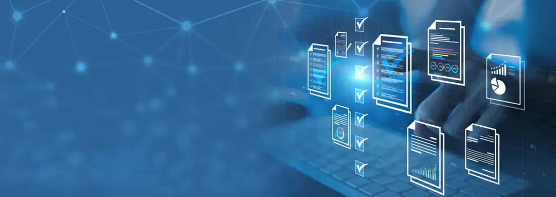 Icons of documents showing process on blue digital looking background